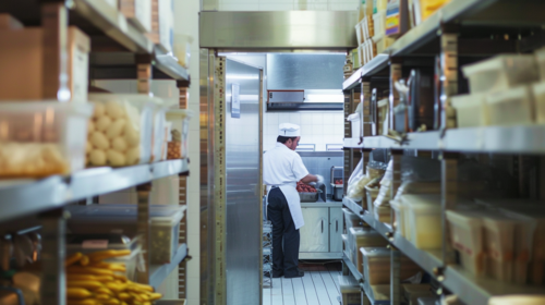 A commercial kitchen with a walk-in freezer door open, showcasing neatly organized food items. The image highlights the importance of proper storage conditions in maintaining food quality. The background shows chefs working, emphasizing the busy environme